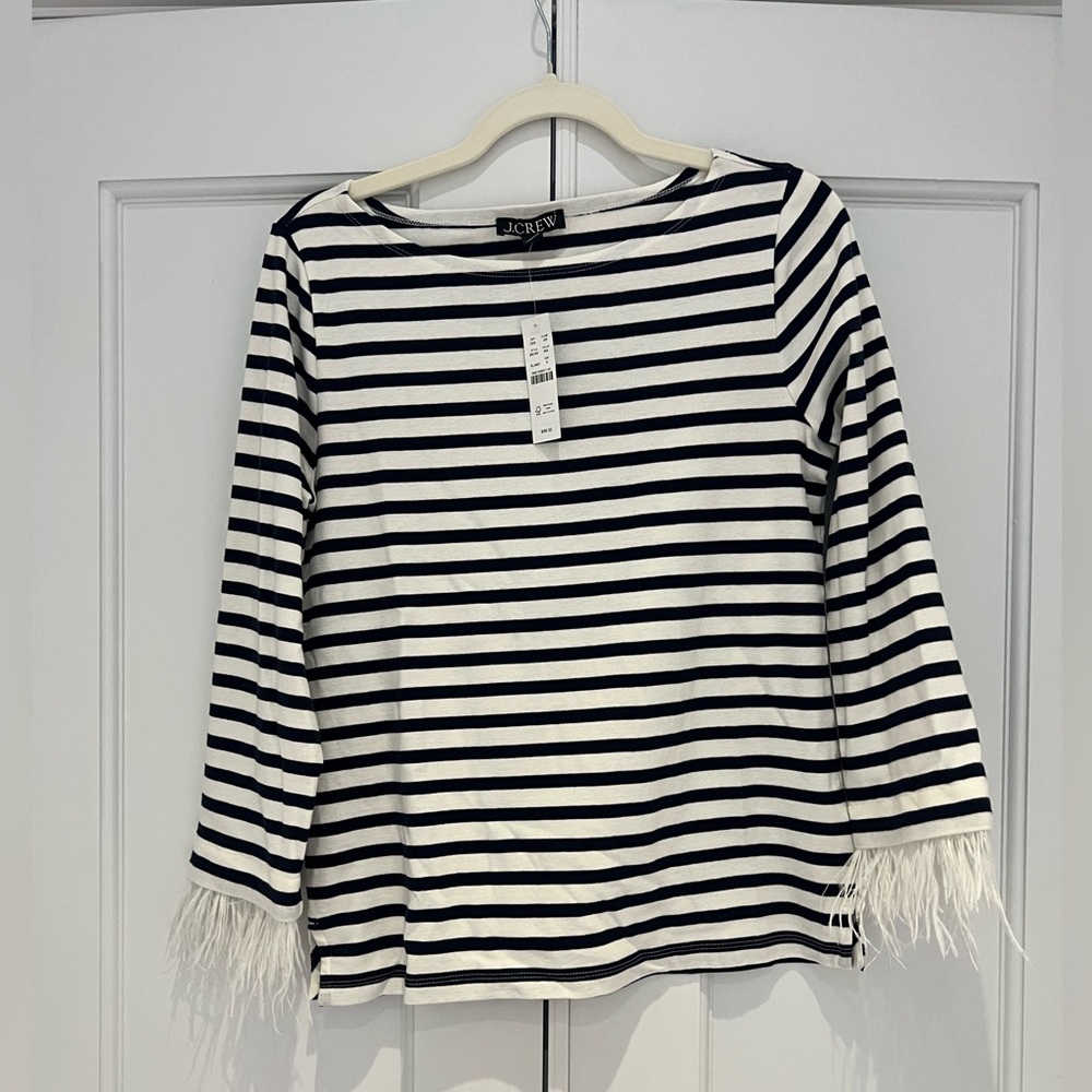 J. Crew Navy and White Striped Long-Sleeve Top with Feather Cuffs